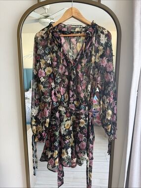 Zara Black Floral Mini Dress with Pink, Yellow & White Blooms